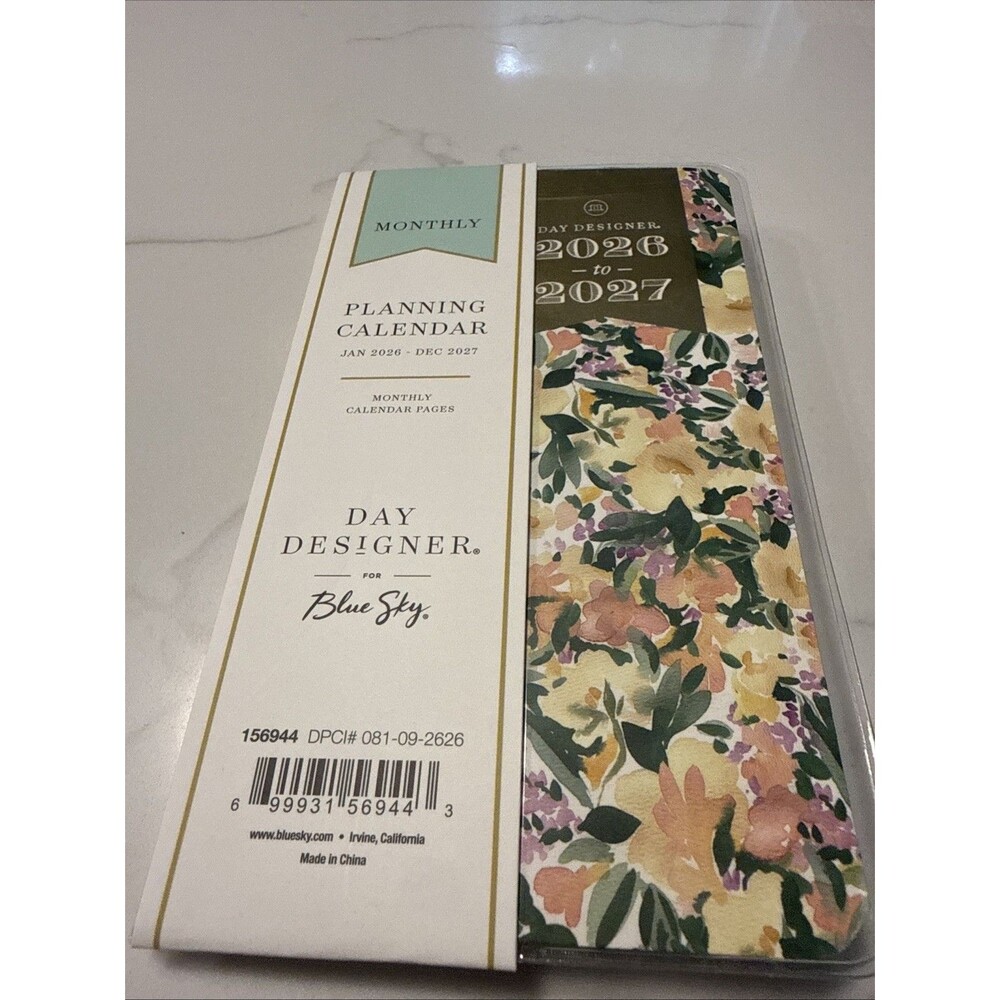 Blue Sky Day Designer 2026 2027 Calendar Planner Monthly Pocket White Floral